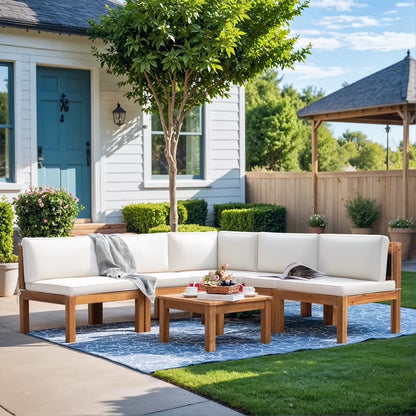 Patio prestige 7 Pieces Acacia Wood Patio Conversation Set Rope Woven Outdoor Sectional Sofa with Table and Cream Cushions