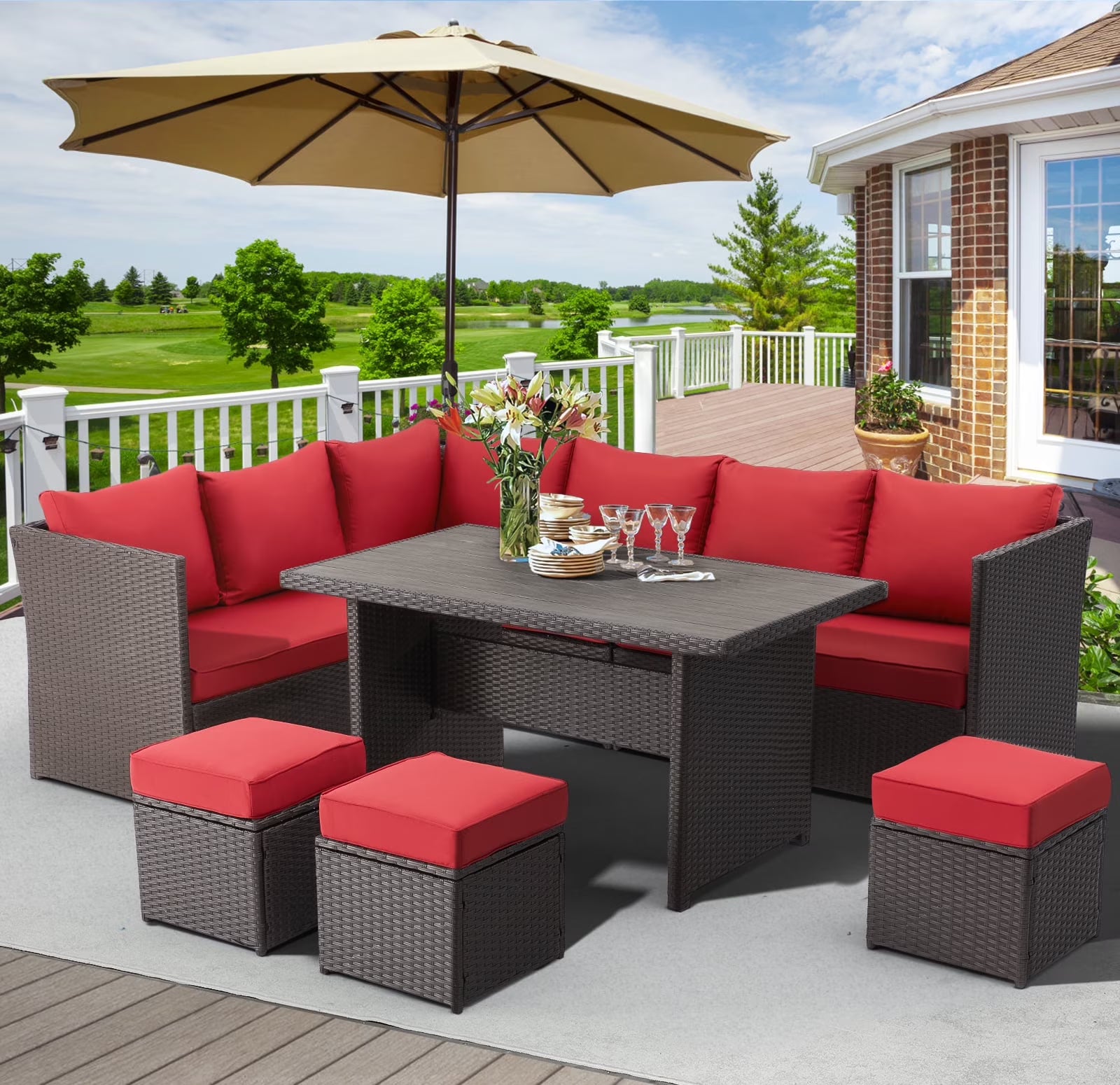 AECOJOY 7 Piece Patio Furniture Set PE Rattan Outdoor Dining Set Sectional Sofa Couch with Table Patio Conversation Set in Gray