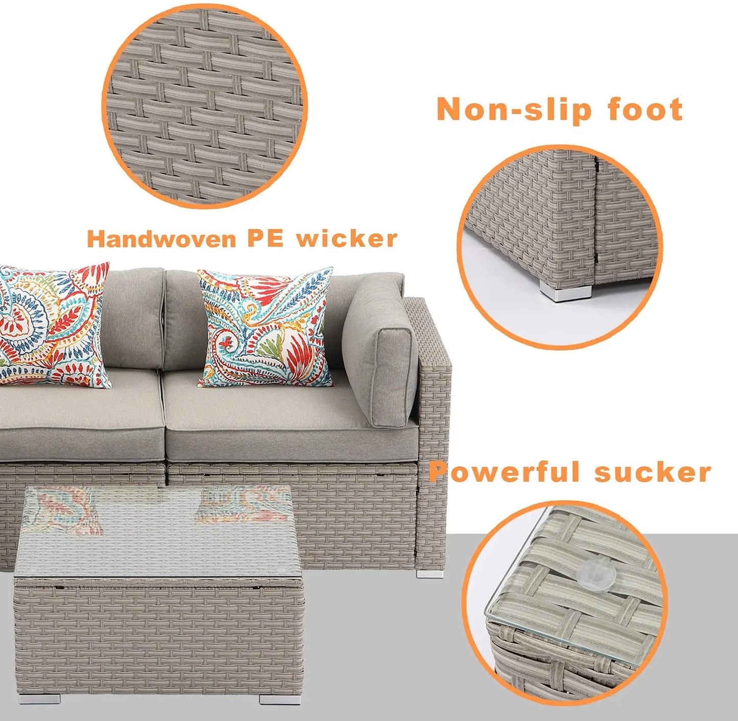 COSIEST 7-Piece Outdoor Patio Furniture Grey Wicker Sectional Sofa Set with Tempered Glass Coffee Table