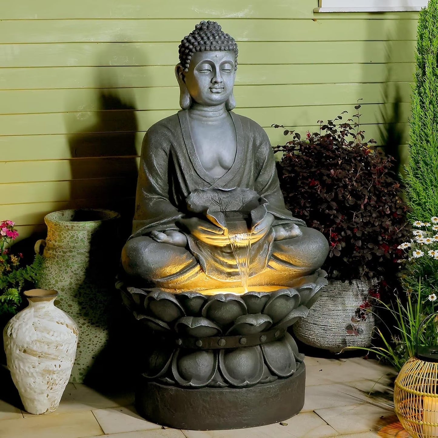 Buddha Water Fountain Outdoor Large Sitting Lotus Base Waterfall Fountains Zen Water Feature Indoor with LED Light for Garden Patio Backyard Deck Lawn Porch Balcony Home 45 inches Gold