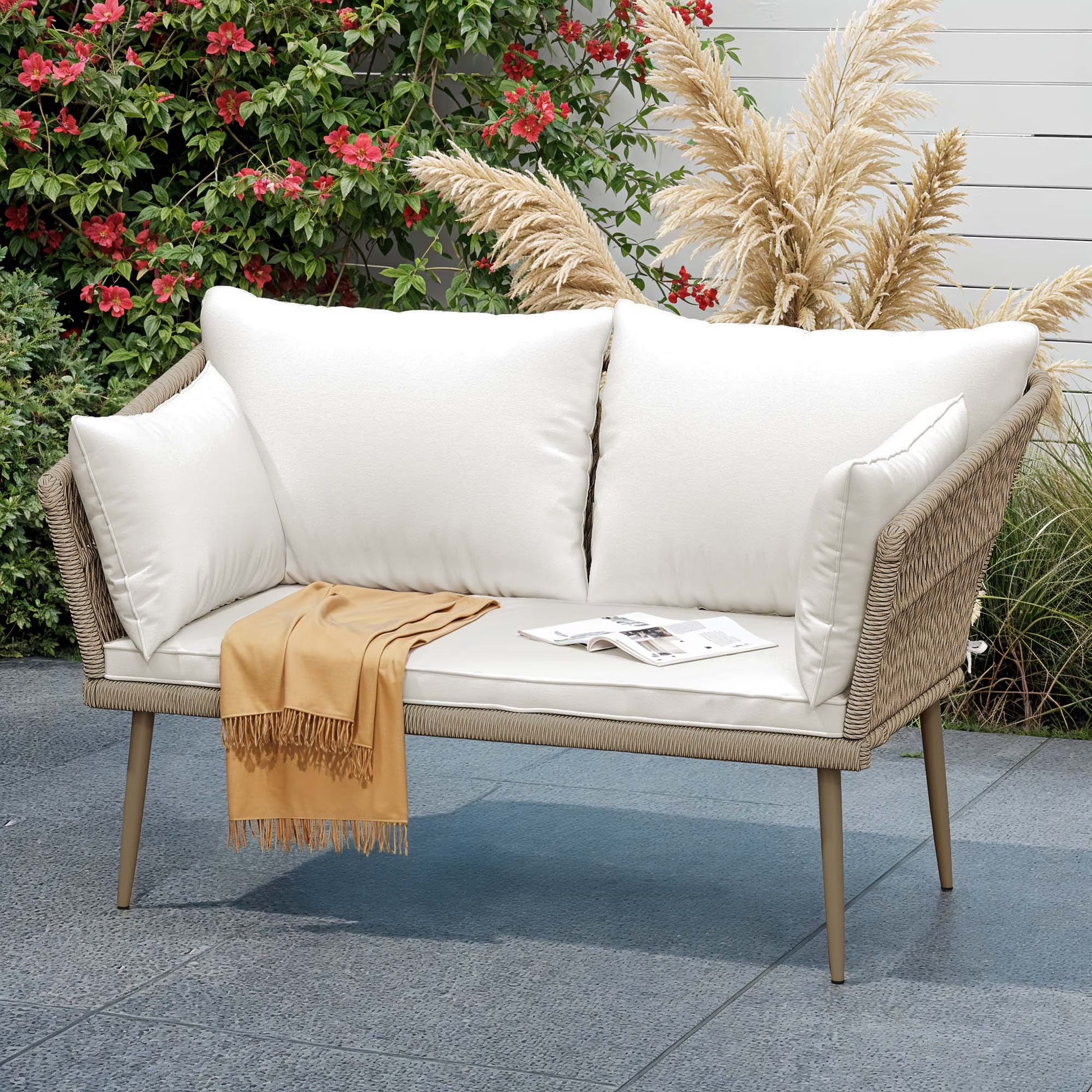 Uforic Outdoor Wicker Loveseat with Cushions and Rattan Side Table, All-Weather 2 Pieces Bistro Patio Conversation Furniture Set -Beige