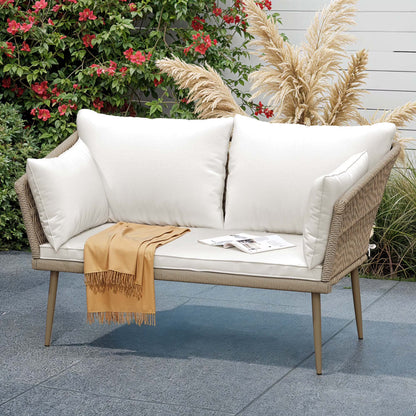 Uforic Outdoor Wicker Loveseat with Cushions and Rattan Side Table, All-Weather 2 Pieces Bistro Patio Conversation Furniture Set -Beige