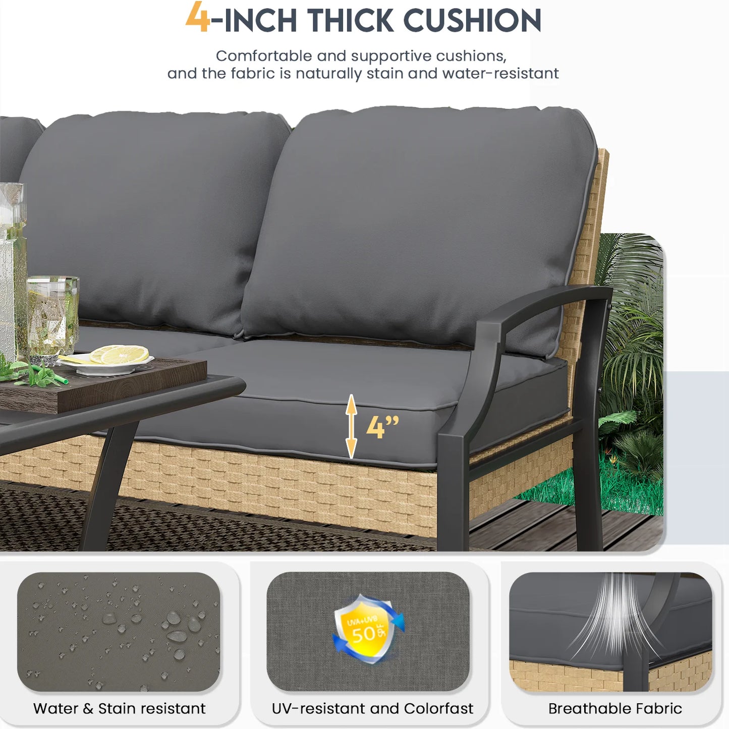 AECOJOY Outdoor Patio Wicker Furniture Sets On Sale,Rattan Patio Conversation Sets With Rocking Chair For Porch,Beige