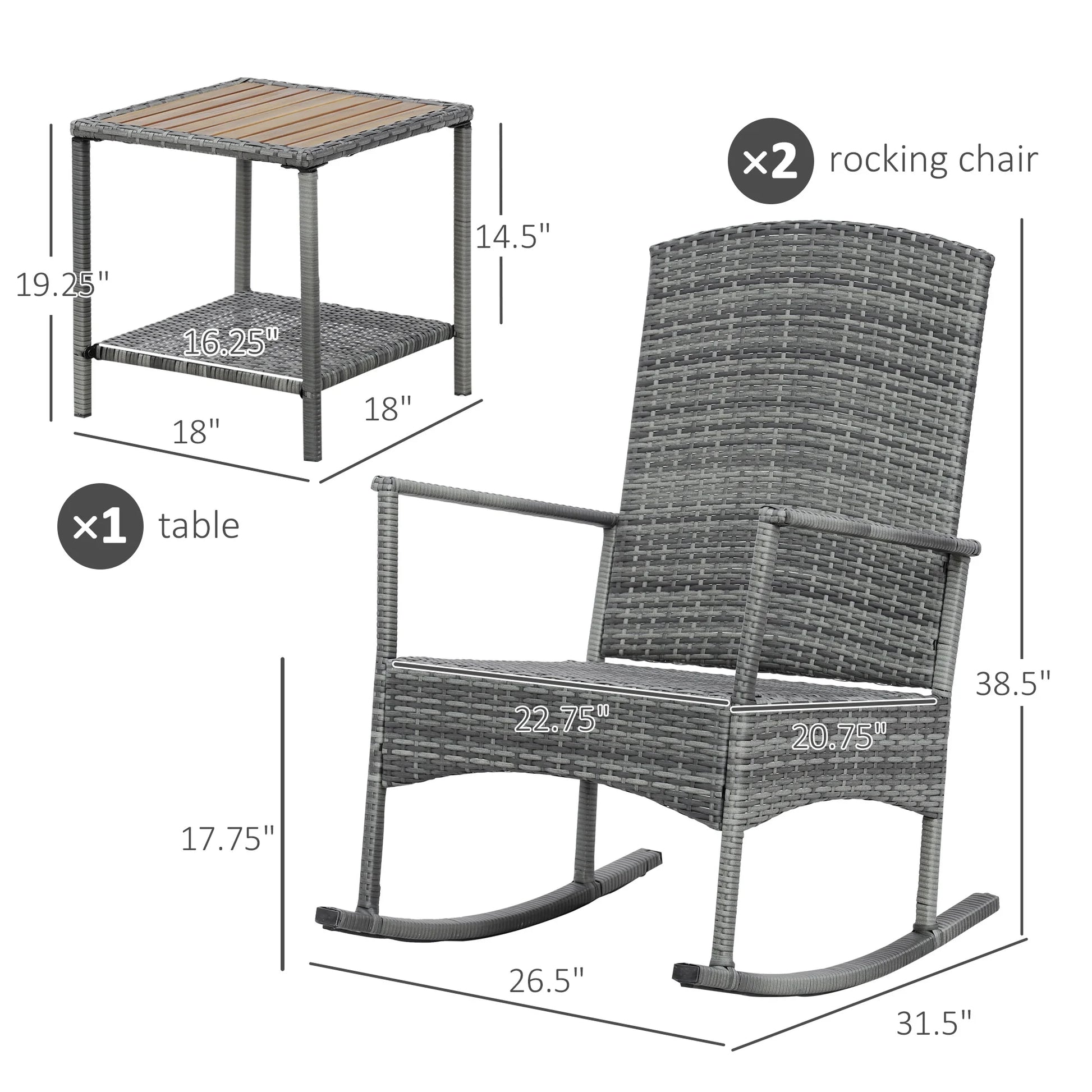 Outsunny 3Piece Wicker Rocking Chair Patio Furniture Set, Gray