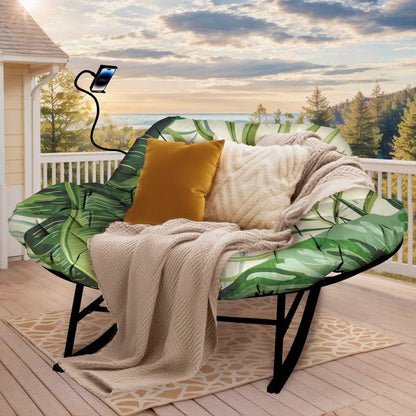Outdoor Loveseat Rocking Chair with Thicken Cushion and Phone Holder for 2 Person for Garden Patio Yard (Beige)