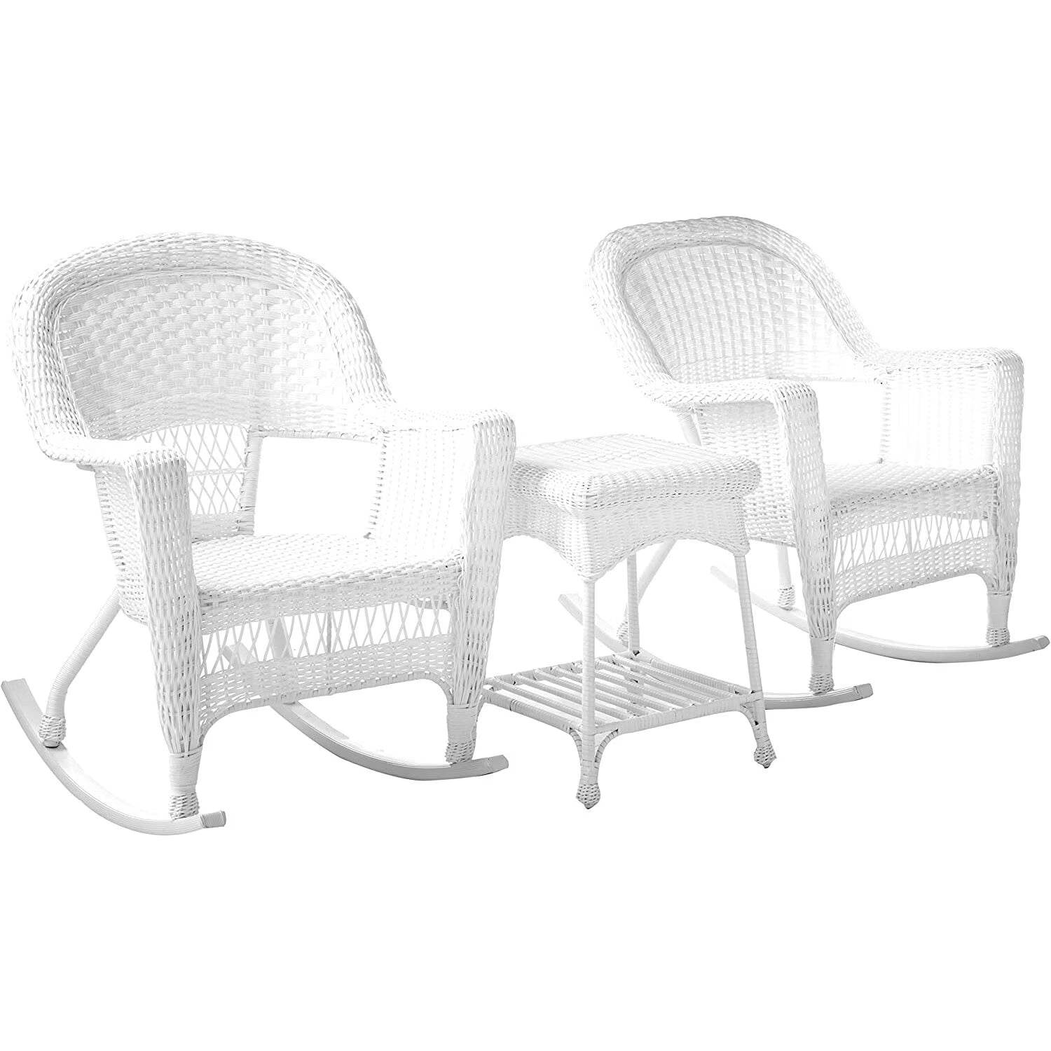 Jeco 3 Piece Resin Wicker Outdoor Patio Rocker Chair with End Table Set in White