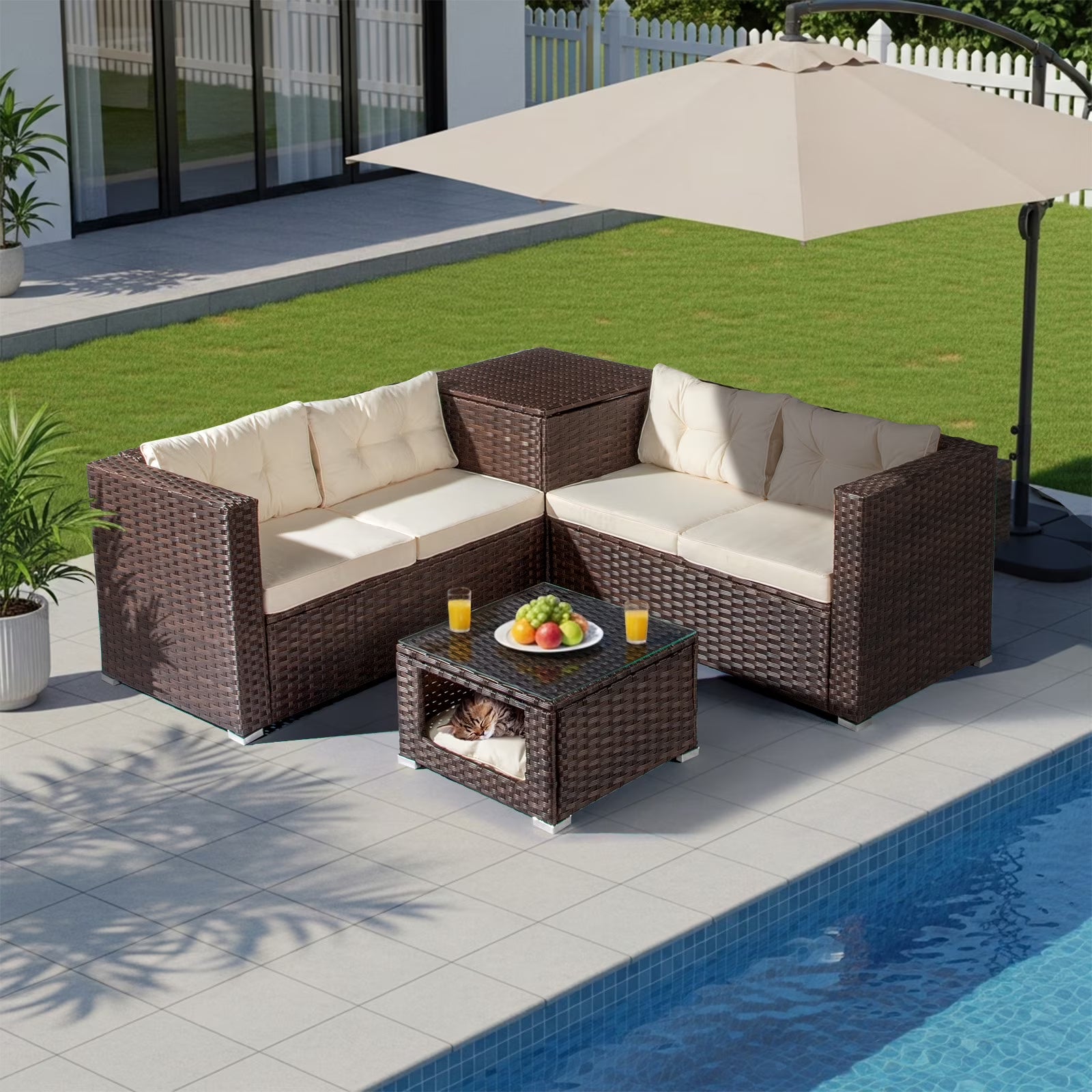 Ktaxon 7-Piece Wicker Patio Furniture Set, Patio Furniture Set with Water Resistant Thick Cushions and Coffee Table, Beige
