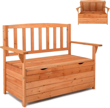 Outvita Outdoor Wood Storage Bench, Wooden Large Deck Box with Seating & Armrest, Waterproof Patio Organizer Loveseat for Garden Porch Deck Backyard Poolside, Natural