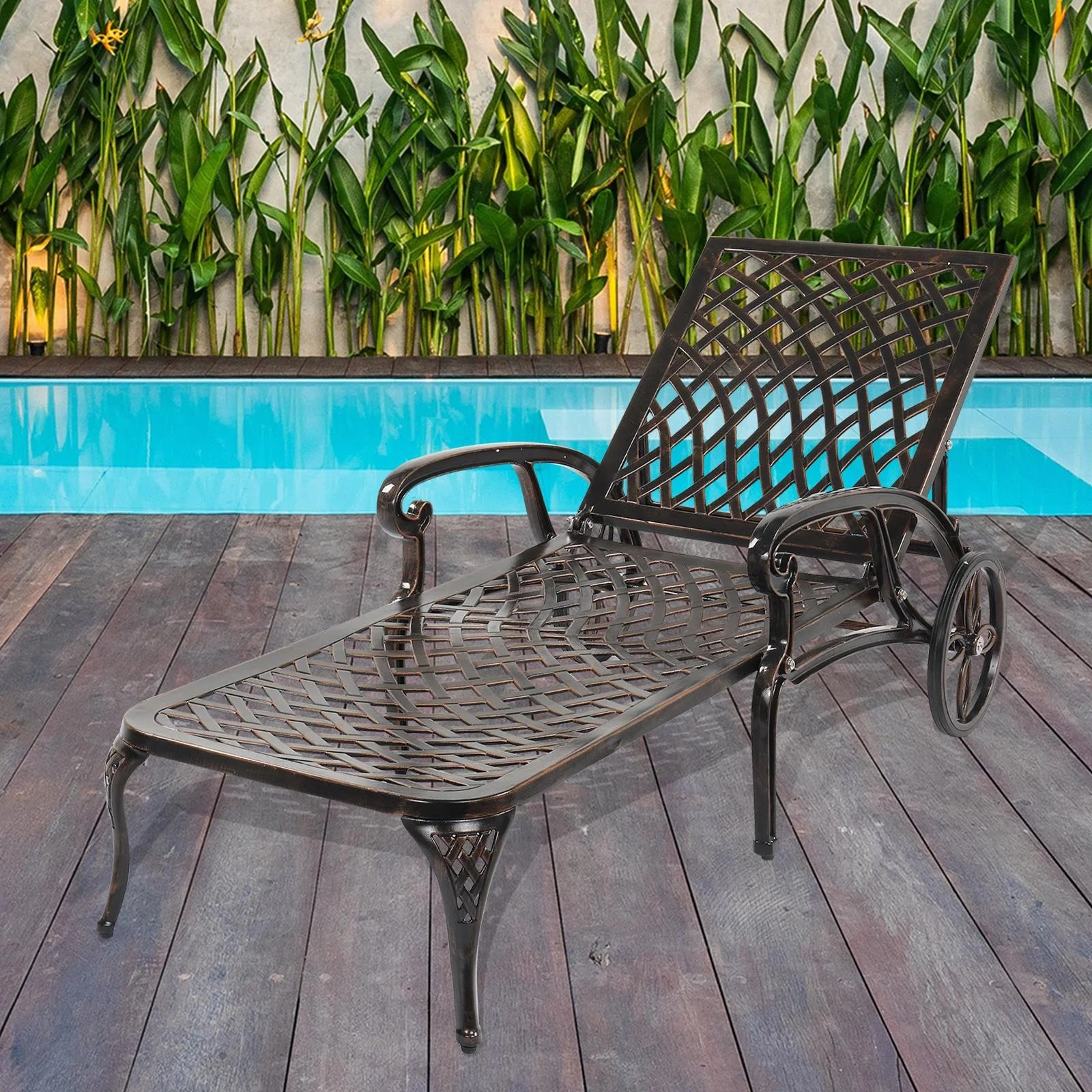 Zimtown Cast Aluminum Lounge Chair Adjustable Patio Recliner, Patio Chaise Chair, Heavy Duty Lying Bed for Garden, Poolside, Yard, Lawn, Black