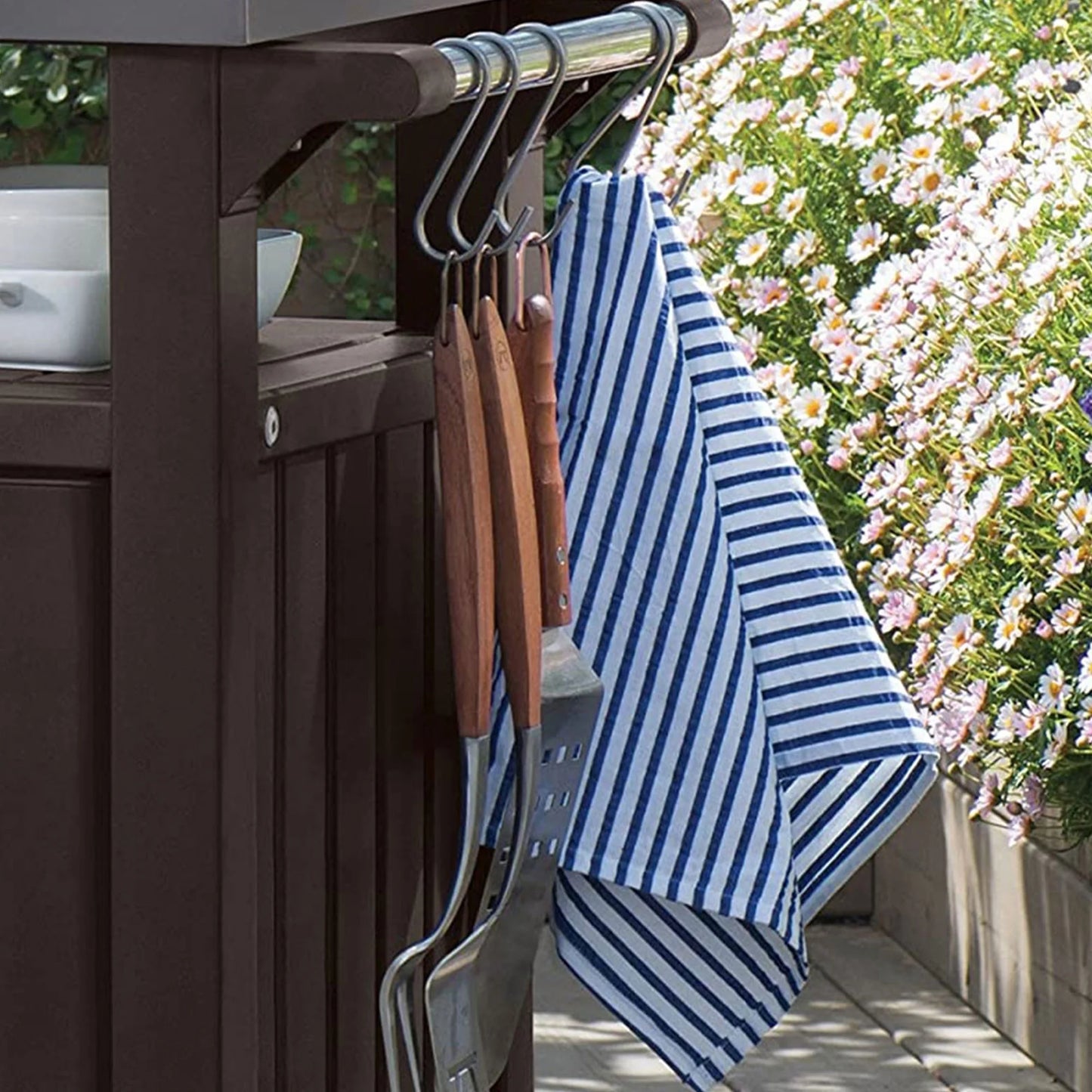 Keter Unity 40 Gal Patio Storage Grilling Bar Cart w/Stainless Steel Top, Brown