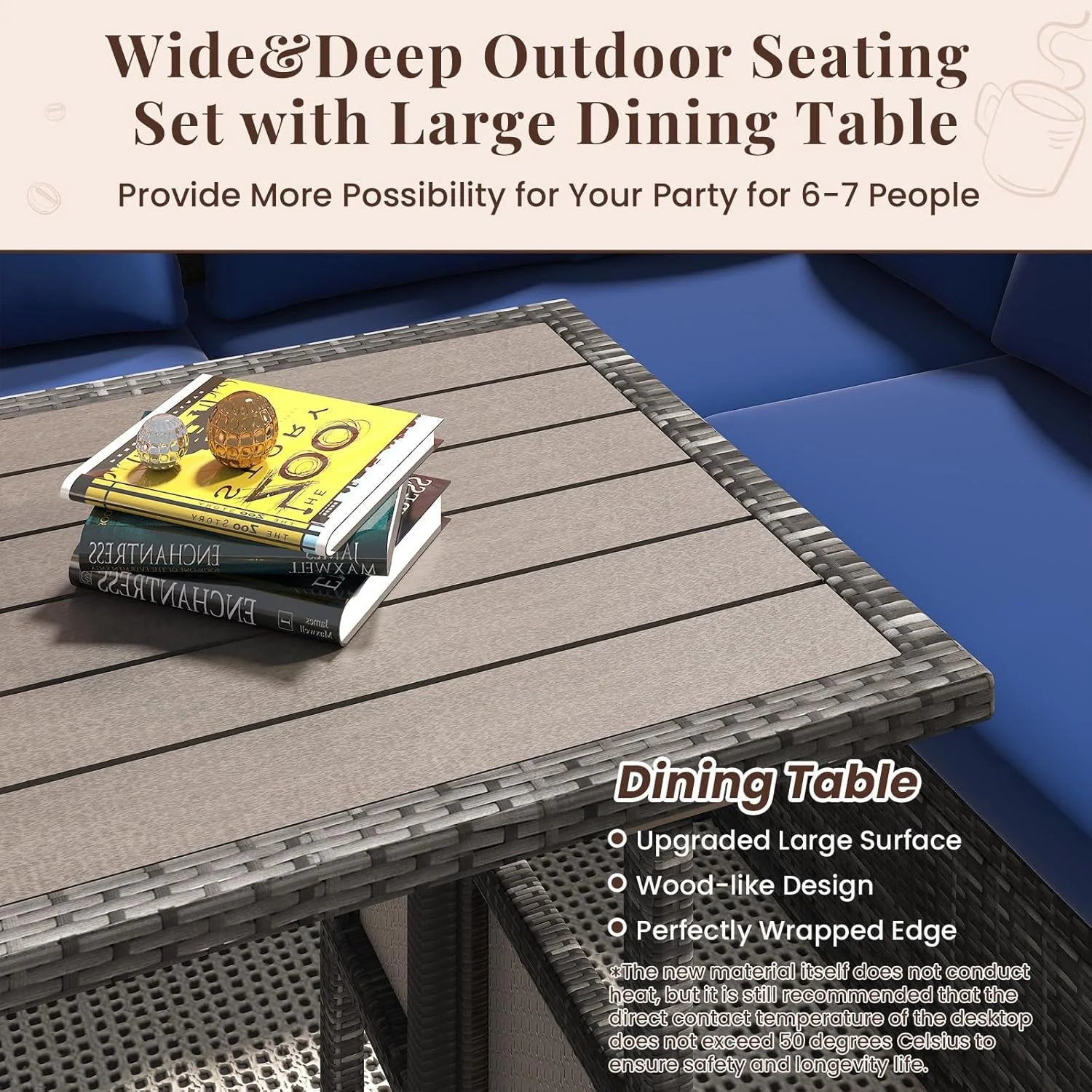 AECOJOY 7 Piece Patio Furniture Set PE Rattan Outdoor Dining Set Sectional Sofa Couch with Table Patio Conversation Set in Dark Blue