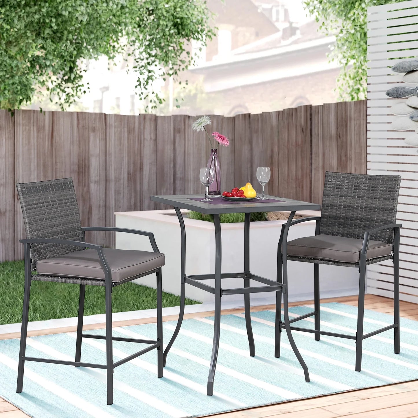OC Orange-Casual Patio Bar Set, All-Weather Wicker, 2 Height Rattan Bar Stools with Wood Grain Top Coffee Table, for Porch, Garden, Bistro, Grey Cushion, 3-Piece