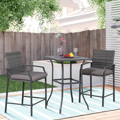 OC Orange-Casual Patio Bar Set, All-Weather Wicker, 2 Height Rattan Bar Stools with Wood Grain Top Coffee Table, for Porch, Garden, Bistro, Grey Cushion, 3-Piece