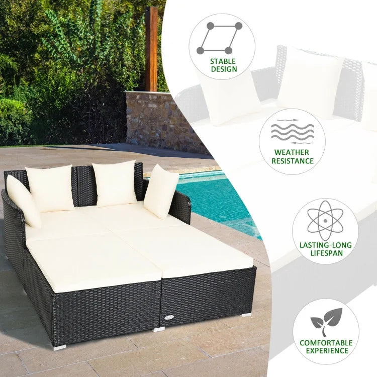 Veryke Outdoor Patio Wicker Daybed Double Chaise Lounge with Cushion, Recliner Chair for Patio Furniture - Beige