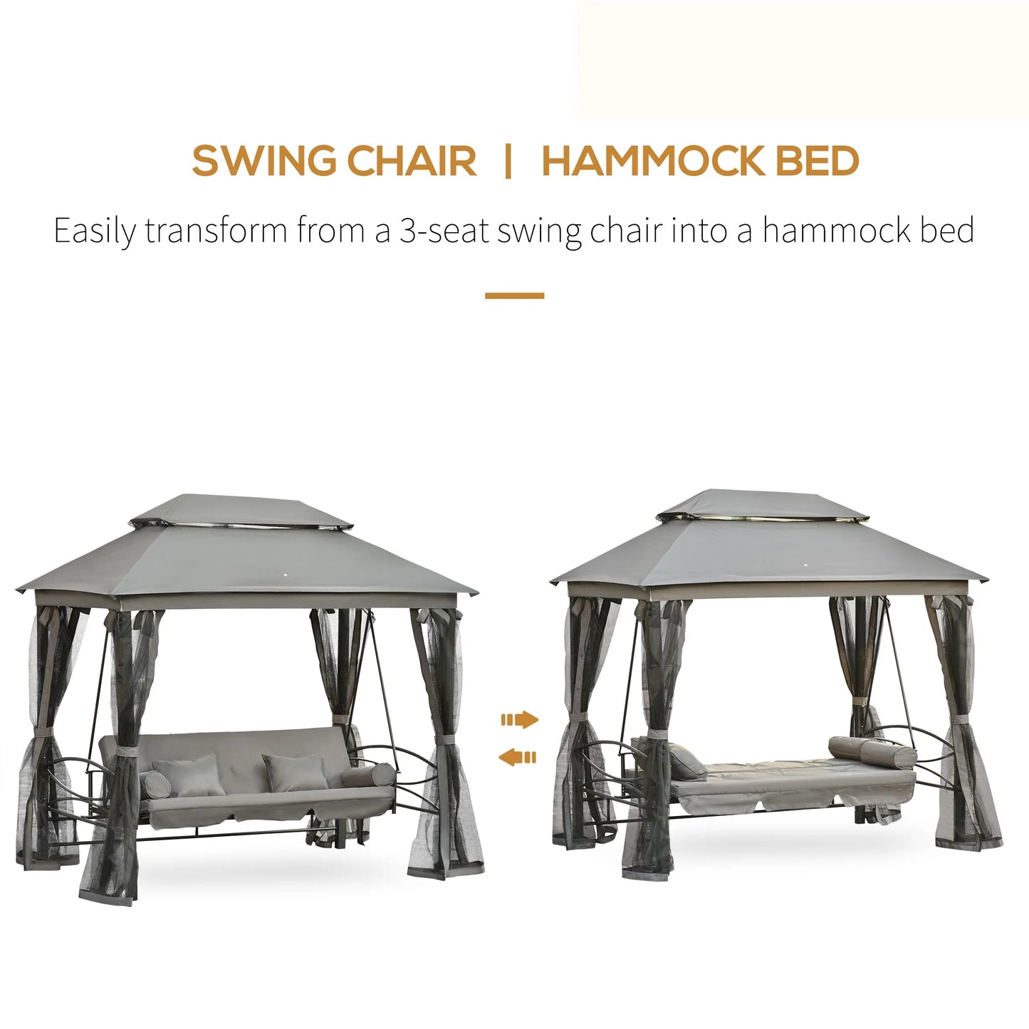 Outsunny 3 Person Patio Swing Chair, Gazebo Swing with Double Tier Canopy, Cushioned Seat, Mesh Sidewalls, gray