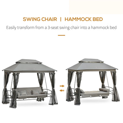 Outsunny 3 Person Patio Swing Chair, Gazebo Swing with Double Tier Canopy, Cushioned Seat, Mesh Sidewalls, gray
