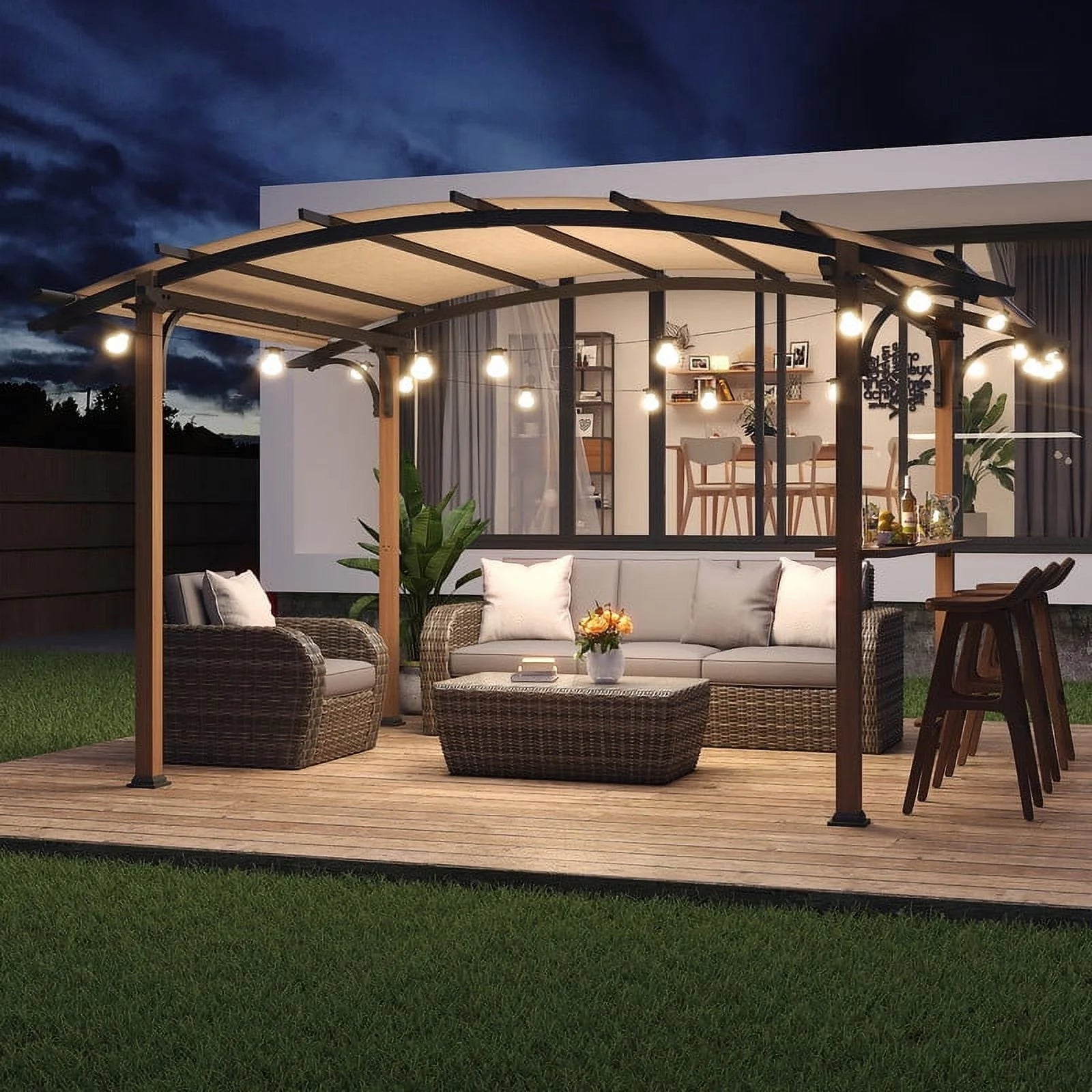 GAZEBETER 8.5 ft x 13 ft Outdoor Pergola with Arched Canopy,Natural Wood Looking Finish and Tan Shade for Backyard,Garden,Patio,Barbecue,Beige