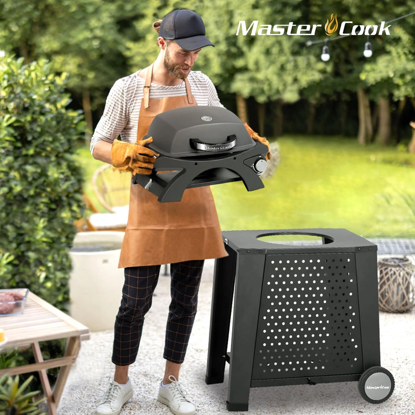 MASTER COOK Propane Gas Grill, Portable Tabletop Barbecue Grill with Cart for Patio, Camping, Travel