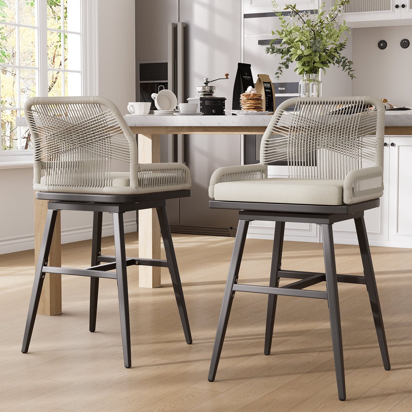 MEISSALIVVE Set of 2 Rattan Swivel Bar Stools, 26" Counter Height with Woven Rope Back, Cushioned Patio Bar Chairs for Kitchen, Garden, Beige