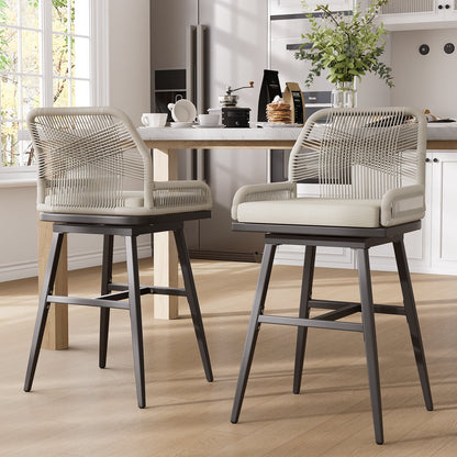 MEISSALIVVE Set of 2 Rattan Swivel Bar Stools, 26" Counter Height with Woven Rope Back, Cushioned Patio Bar Chairs for Kitchen, Garden, Beige