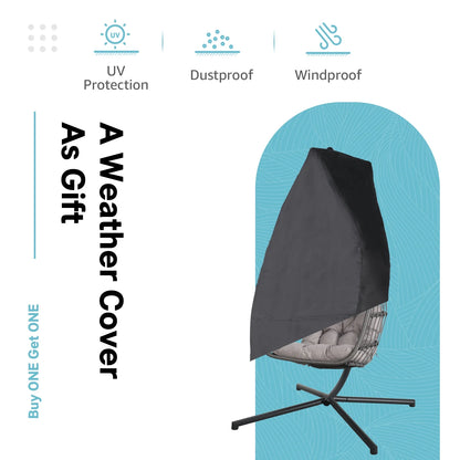 Indoor Outdoor Swing Egg Chair with Stand, Patio Foldable Grey Wicker Rattan Hanging Chair with Cushion, Light Gray
