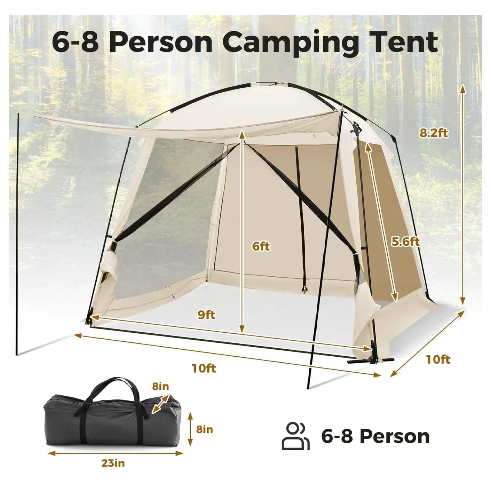 10x10 Screen Tent, Portable Screen House for Camping & Patios - Easy Setup Canopy with Mesh Walls, 2 Doors & Carry Bag Beige