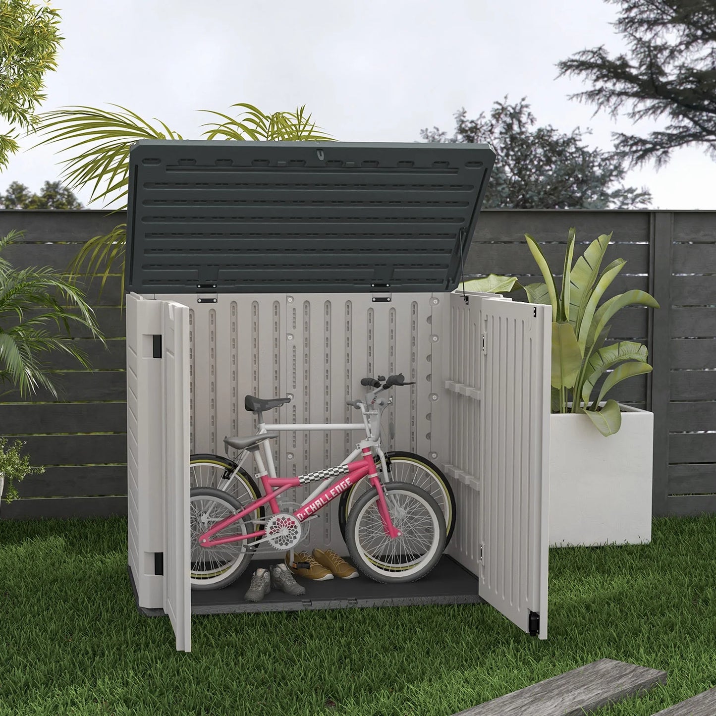 Patiowell 260 Gallon Outdoor Horizontal Storage Sheds, All-Weather Resin Tool Shed with Lockable Multi-Opening Door, Outdoor Storage Box for Trash Cans, Tools and Bicycles