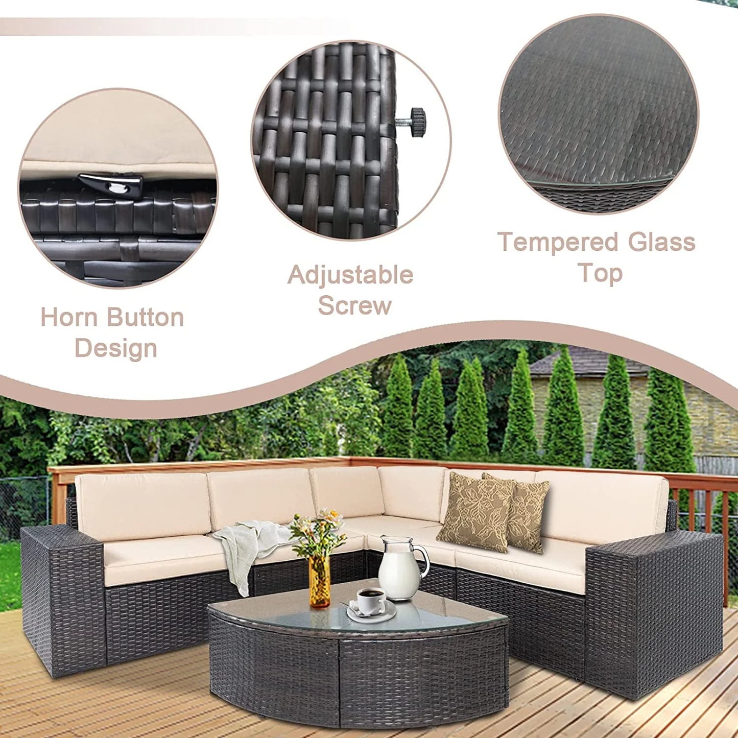 SUNCROWN 6-Piece Patio Furniture Set Outdoor Wicker Conversation Set with Wedge Table, Brown