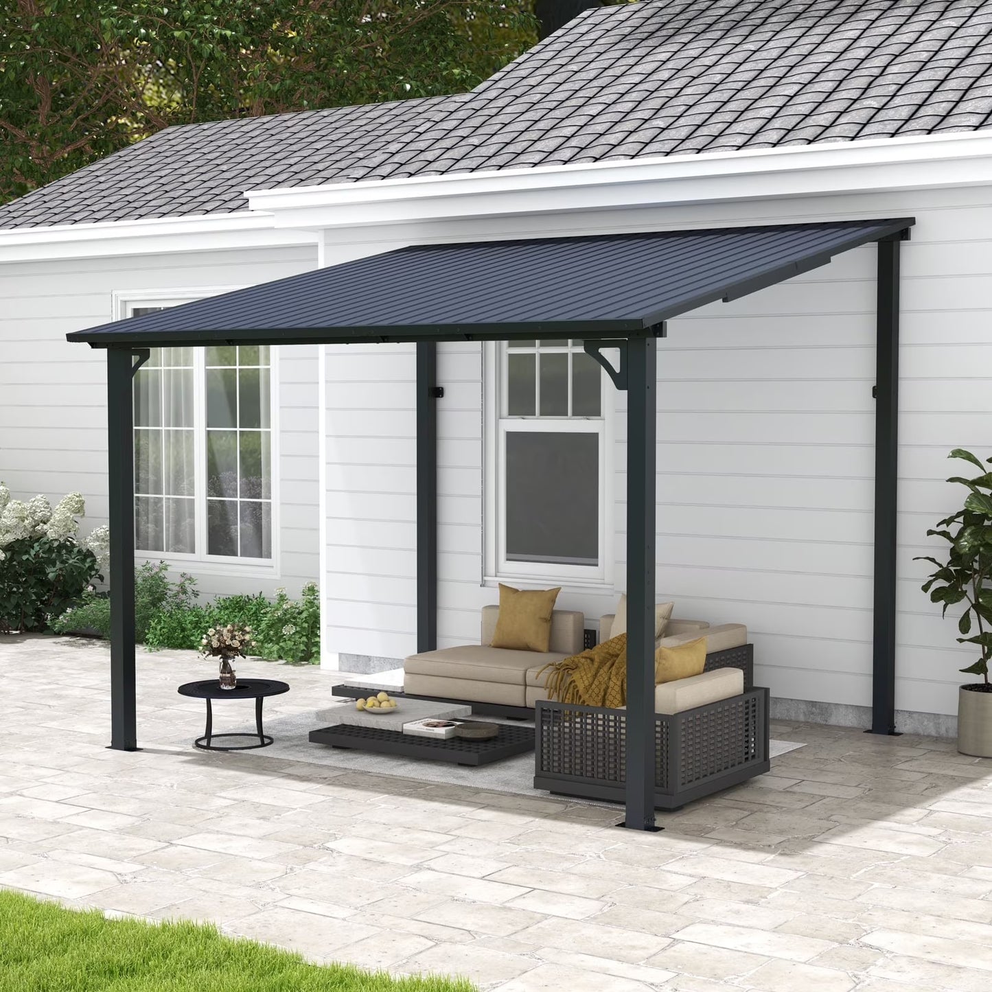 8' x 10' Outdoor Pergola Gazebo, Lean to Awnings Gazebos, Heavy Duty Hard Top Metal Pergola with Roof, for Patio, Backyard, Decks, Poolside