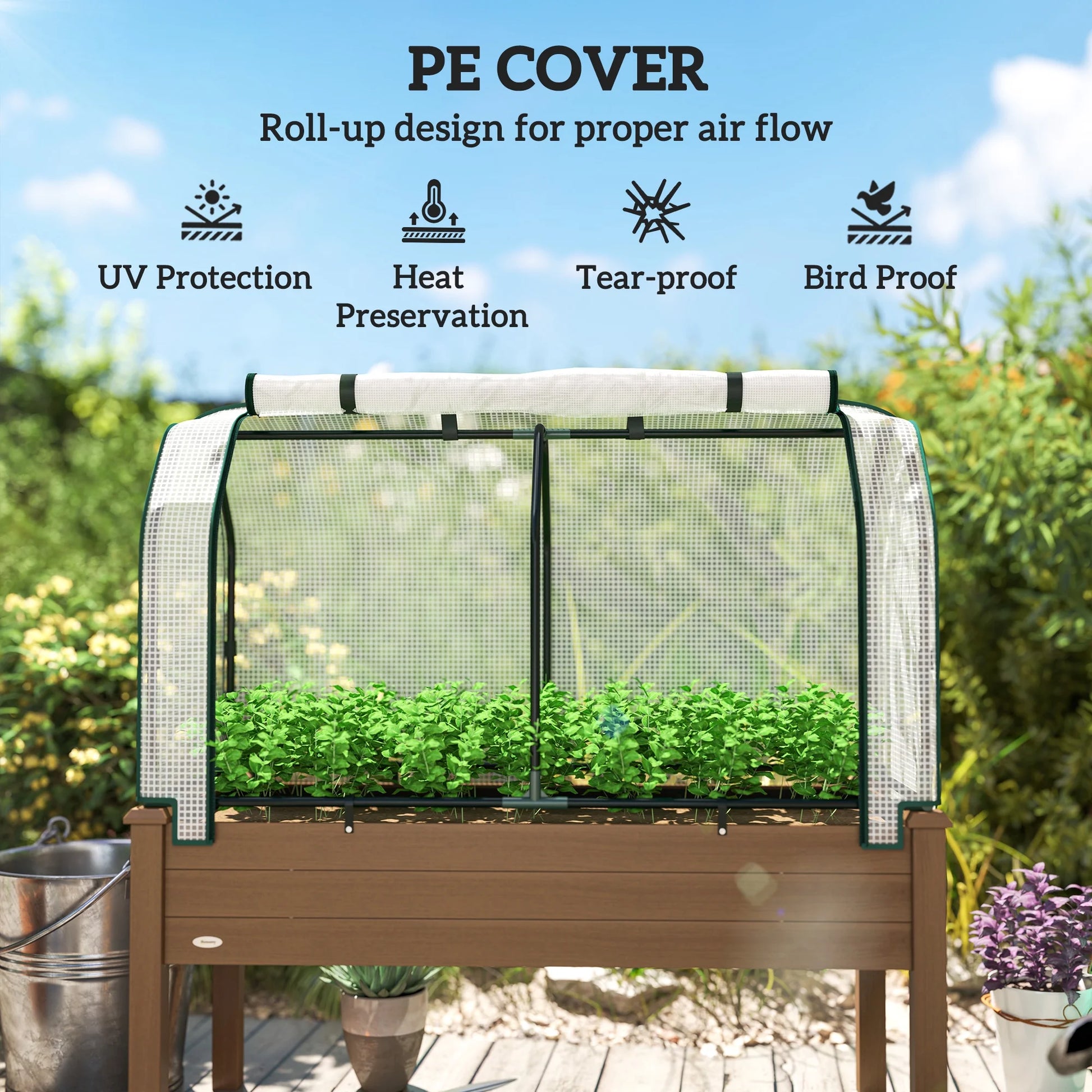 Outsunny Raised Garden Bed with PE Greenhouse Cover Outdoor Elevated Wood Planter Box for Herbs, Vegetables, for Patio, Backyard, Balcony, Brown