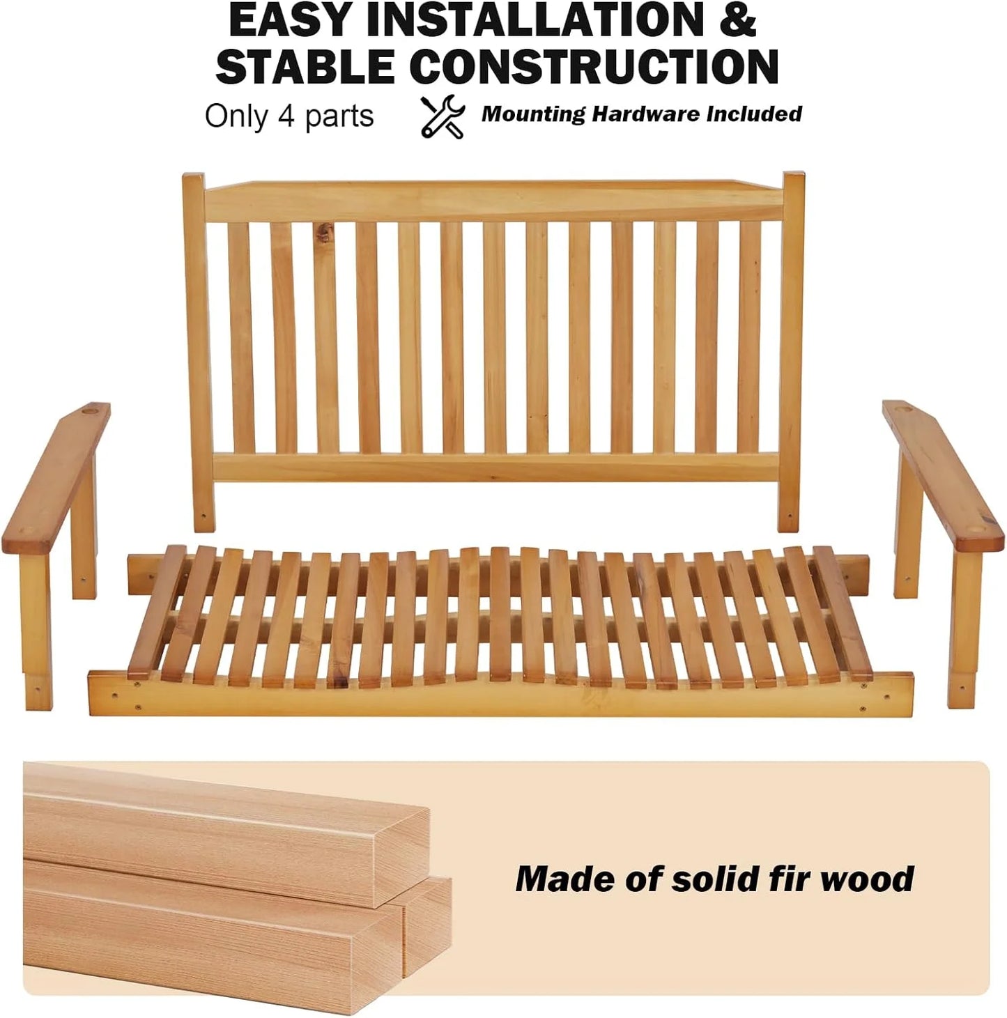 WildBreak Patio Wooden Swing, 45.7 x 24.8 x 23.6", with Hanging Chain, Heavy Duty, Natural Wood