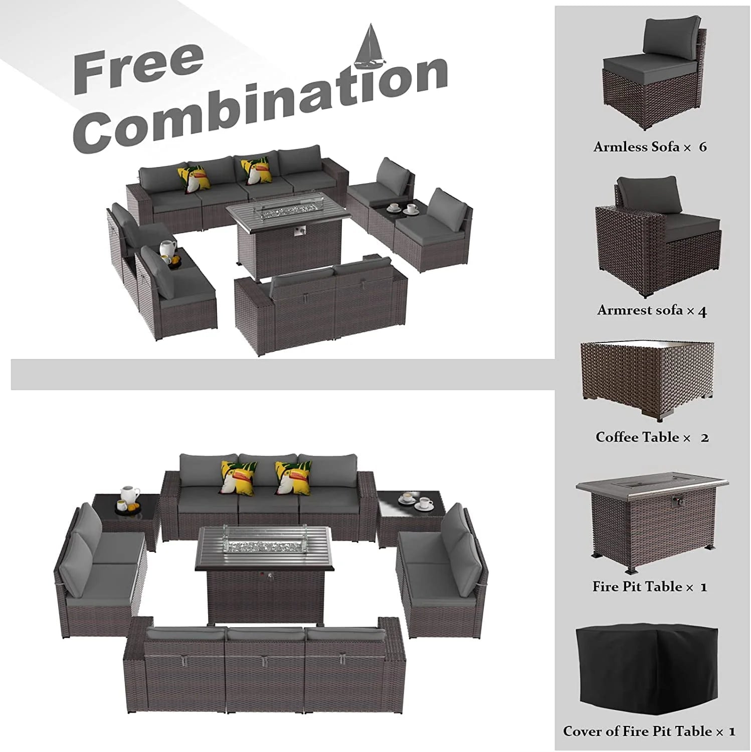 Gotland 13 Pieces Outdoor PE Rattan Wicker Patio Furniture Set with 43" Fire Pit Table Outdoor Steel
