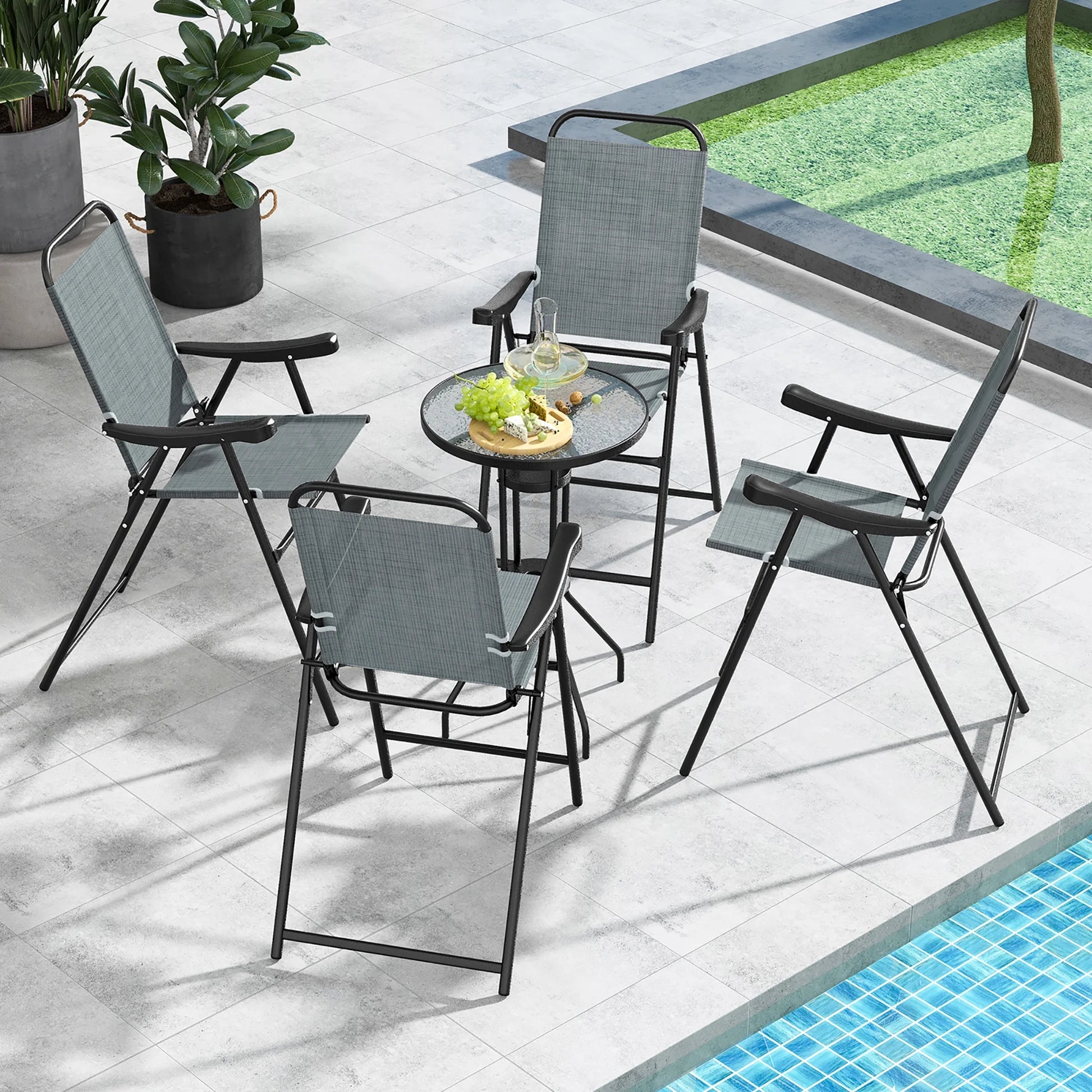 Gymax 4 PCS Patio Bar Chair Folding Bar Height Metal Frame w/Footrest Garden Blue