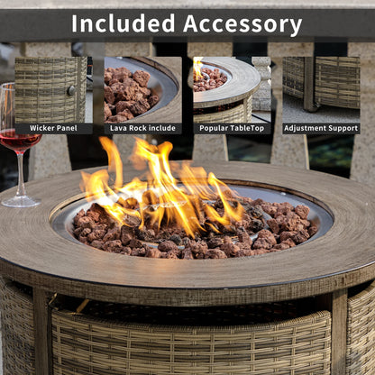 MistMo 32 Inch Round Propane Fire Pit Table with Lid, 50,000 BTU Outdoor Wicker Gas Fire Pit with Lava Rocks, Perfect for Patio, Yard, Dining, and Party