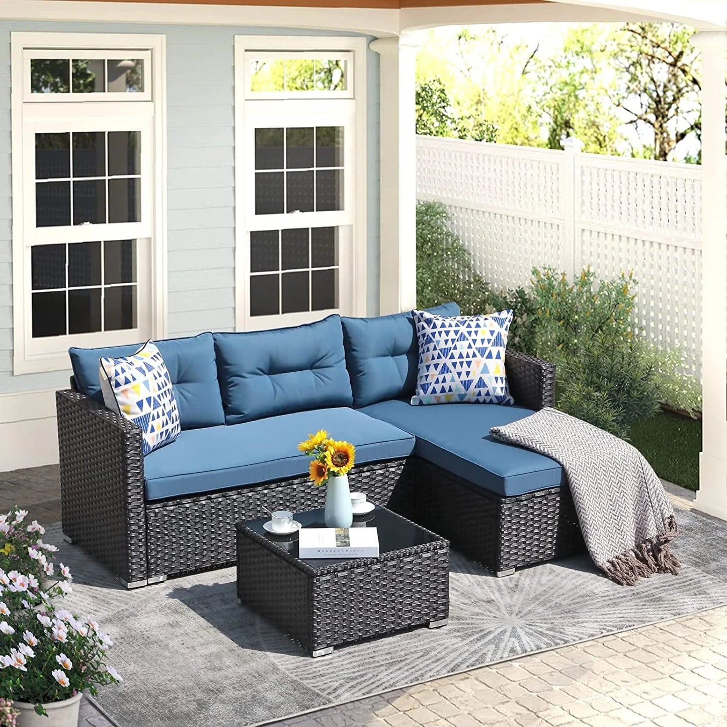 OC Orange-Casual 5-Piece Patio Furniture Set, Outdoor Sectional Sofa, Coffee Table, Dark Brown Rattan & Aegean Blue Cushion