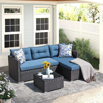 OC Orange-Casual 5-Piece Patio Furniture Set, Outdoor Sectional Sofa, Coffee Table, Dark Brown Rattan & Aegean Blue Cushion