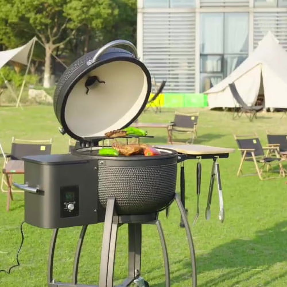 24 "Ceramic Pellet Grill with 19.6" diameter Gridiron Double Ceramic Liner 4-in-1 Smoked Roasted BBQ Pan-roasted for Outdoors Patio,Black