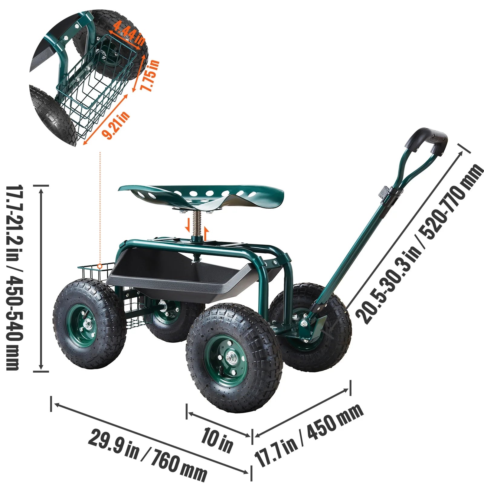 KFFKFF Garden Cart Rolling Workseat with Wheels, Gardening Stool for Planting, 360 Degree Swivel Seat, Wagon Scooter with Steering Handle & Utility Tool Tray, Use for Patio, Yard, and Outdoors