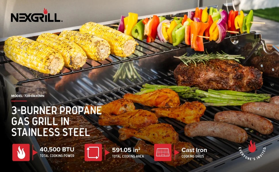 Nexgrill 3-Burner Stainless Steel Propane Gas Grill with Side Tables, 40,500 BTUs, 4 Wheel Transport, 591 SQ. IN. Cooking Space, Outdoor Kitchen Grill for BBQs, Patios, and More - 720-0830MN