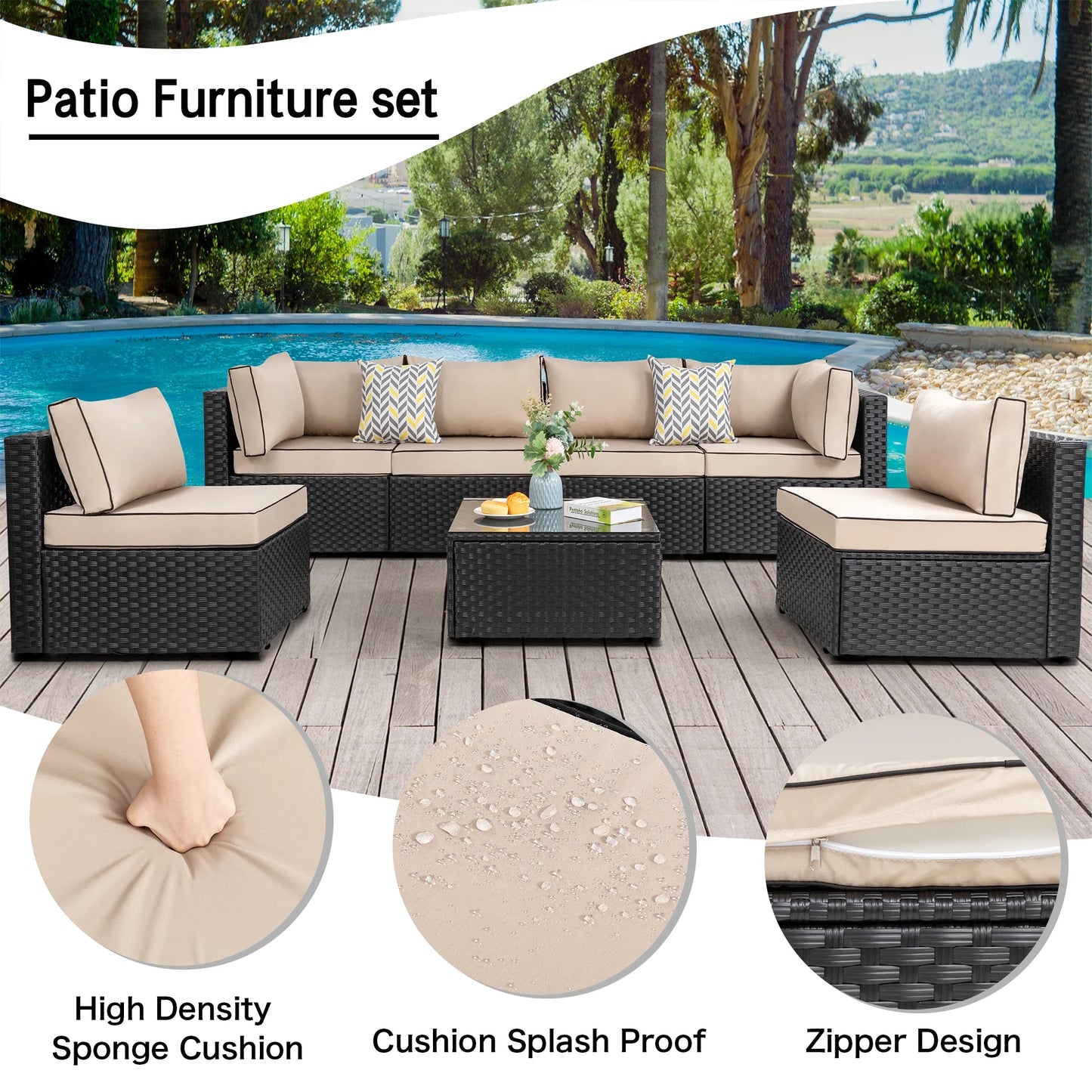 Walsunny 7 Piece Outdoor Patio Conversation Set, Rattan Sectional Sofa Set, All-Weather Outdoor Modern Sectional Furniture Wicker Couch with Glass Coffee Table,Navy Blue