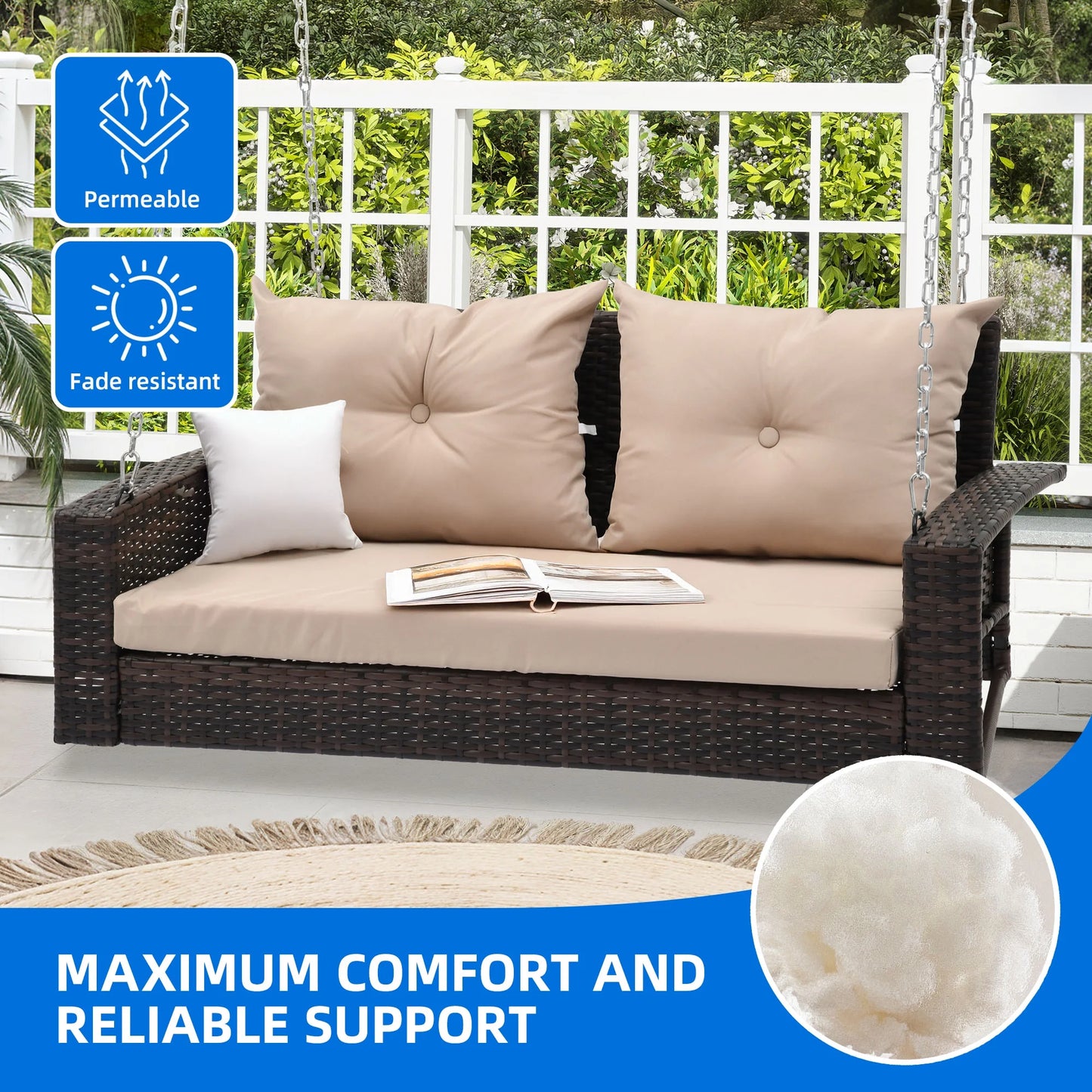 Dextrus 2-Seats Wicker Hanging Porch Swing Chair Outdoor Black Rattan Patio Swing Lounge w/2 Back Cushions Capacity 770lbs for Garden, Balcony, Living Room, Beige