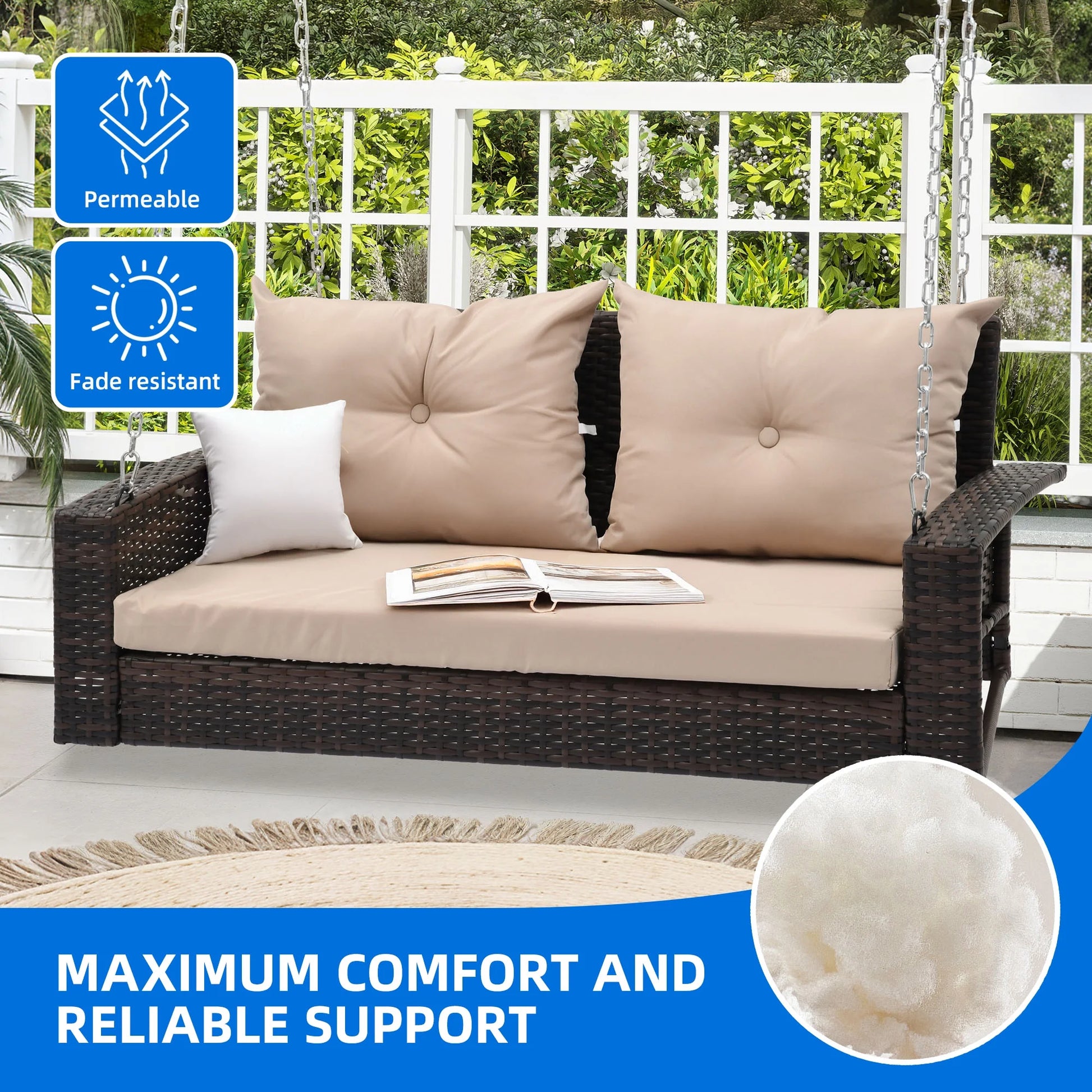 Dextrus 2-Seats Wicker Hanging Porch Swing Chair Outdoor Black Rattan Patio Swing Lounge w/2 Back Cushions Capacity 770lbs for Garden, Balcony, Living Room, Beige