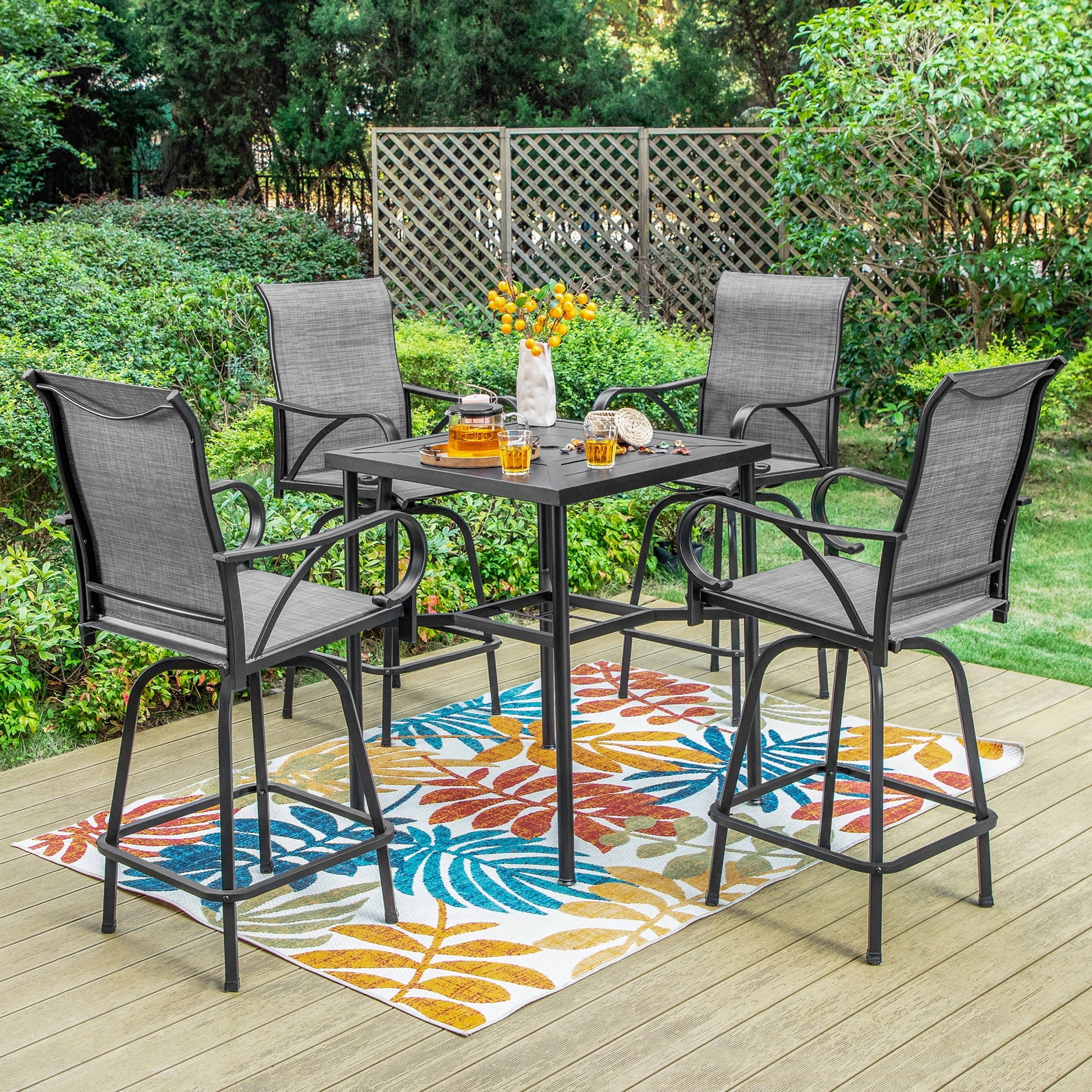 Summit Living Outdoor Bar Table, 38.25"H Metal Patio Square Bistro Table with Umbrella Hole,Black