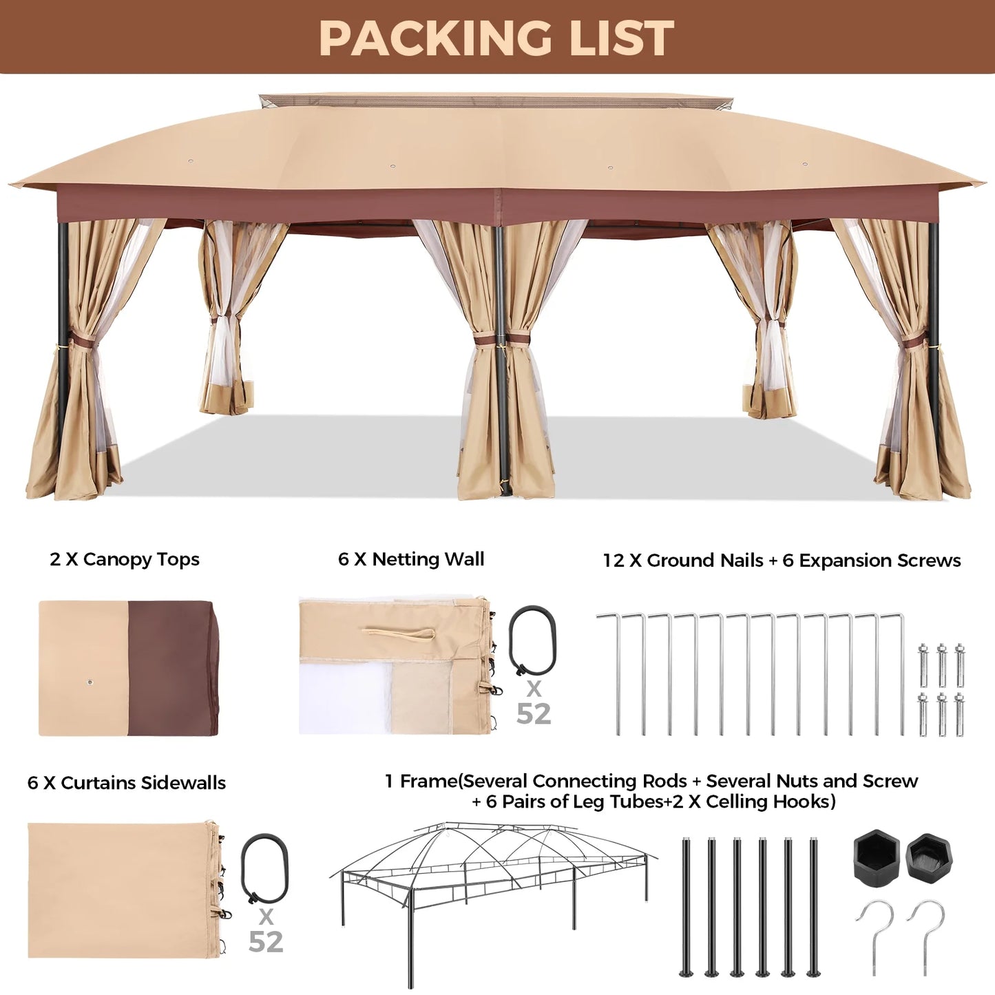 Hoteel 12X20 Heavy Duty Outdoor Patio Gazebo with Mosquito Netting and Curtains, Canopy Tent Deck Gazebo with Double Roofs and Metal Steel Frame for Party, Backyard, Deck, Garden, Gray