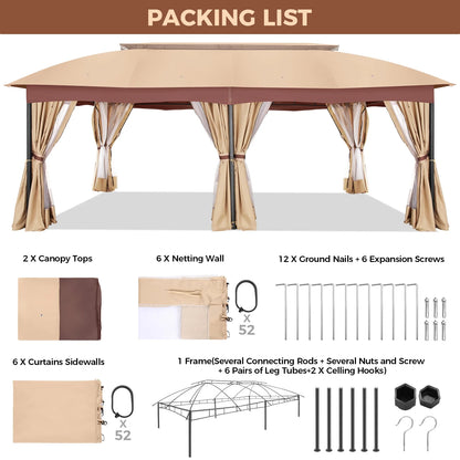 Hoteel 12X20 Heavy Duty Outdoor Patio Gazebo with Mosquito Netting and Curtains, Canopy Tent Deck Gazebo with Double Roofs and Metal Steel Frame for Party, Backyard, Deck, Garden, Gray
