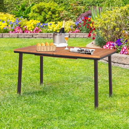 Gymax Rectangle Patio Outdoor Dining Table Acacia Wood Tabletop w/2'' Umbrella Hole