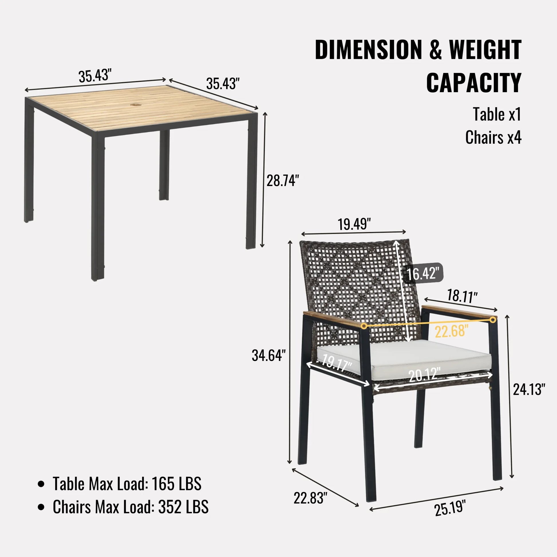 Enyopro 5 Piece Outdoor Patio Dining Table Set, Rattan Wicker Chairs & Acacia Wood Table with Umbrella Hole, All Weather Garden Furniture Conversation Set for Porch, Balcony, Backyard, Lawn