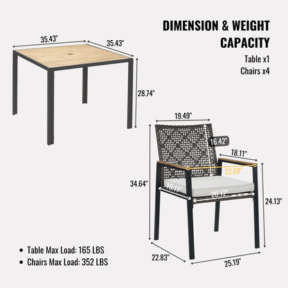 Enyopro 5 Piece Outdoor Patio Dining Table Set, Rattan Wicker Chairs & Acacia Wood Table with Umbrella Hole, All Weather Garden Furniture Conversation Set for Porch, Balcony, Backyard, Lawn