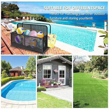 Kselythan Rolling Poolside Float Storage Outdoor Storage Box Patio Poolside Float Storage Basket PE Rattan Pool Towel Rack for Floaties, With Rolling Wheels For Floaties Patio Pool