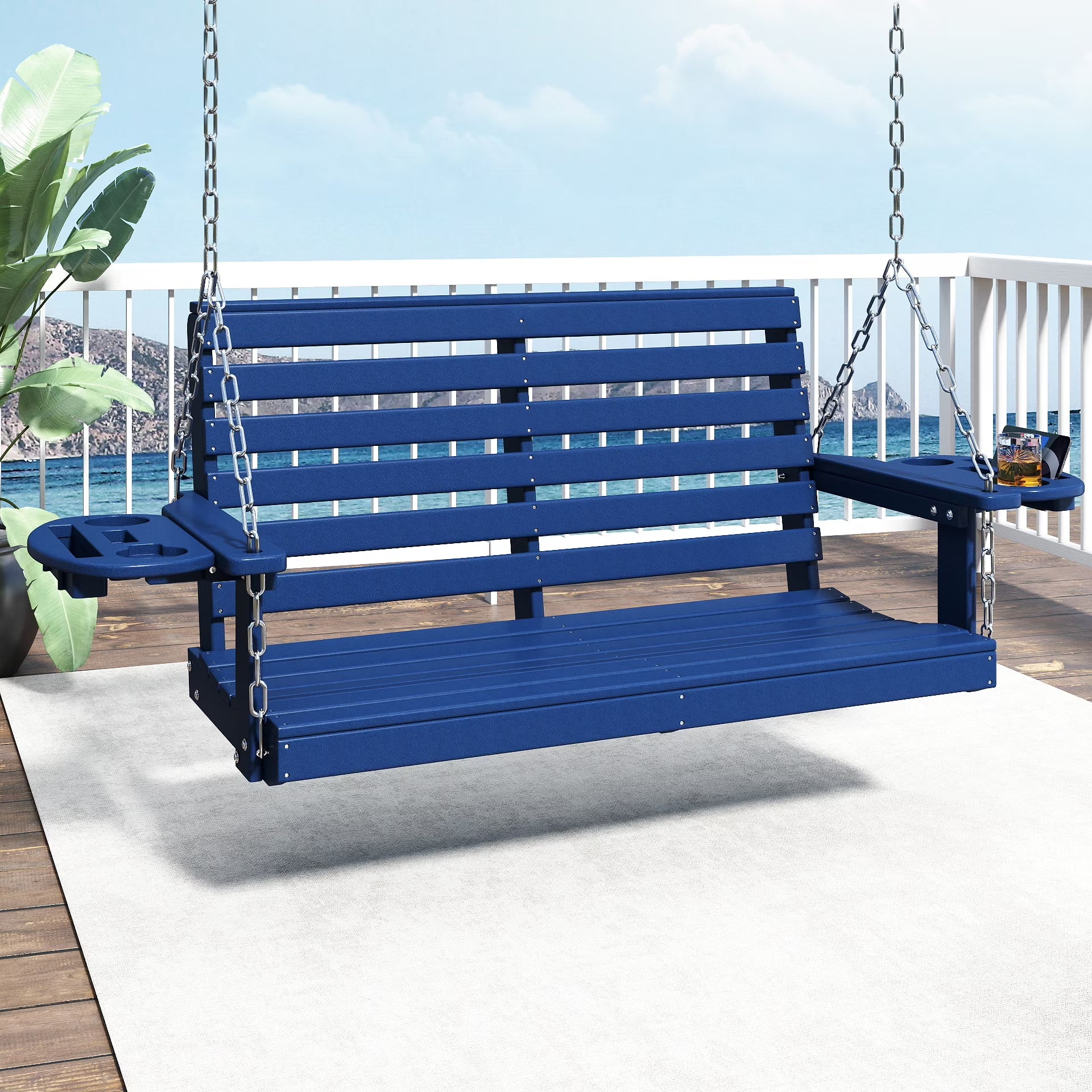FOOWIN Outdoor Porch Swing, HDPE Patio Hanging Porch Swing with Cup Holder, Black